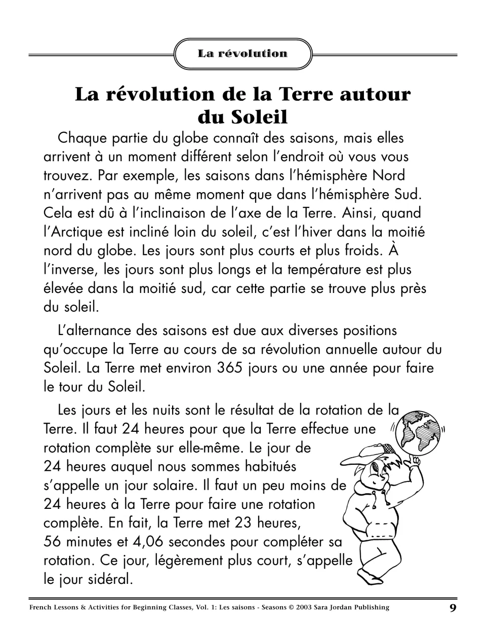 Unit 1 French reading 'La révolution de la Terre autour du Soleil' on seasons, Earth's tilt, and day and night