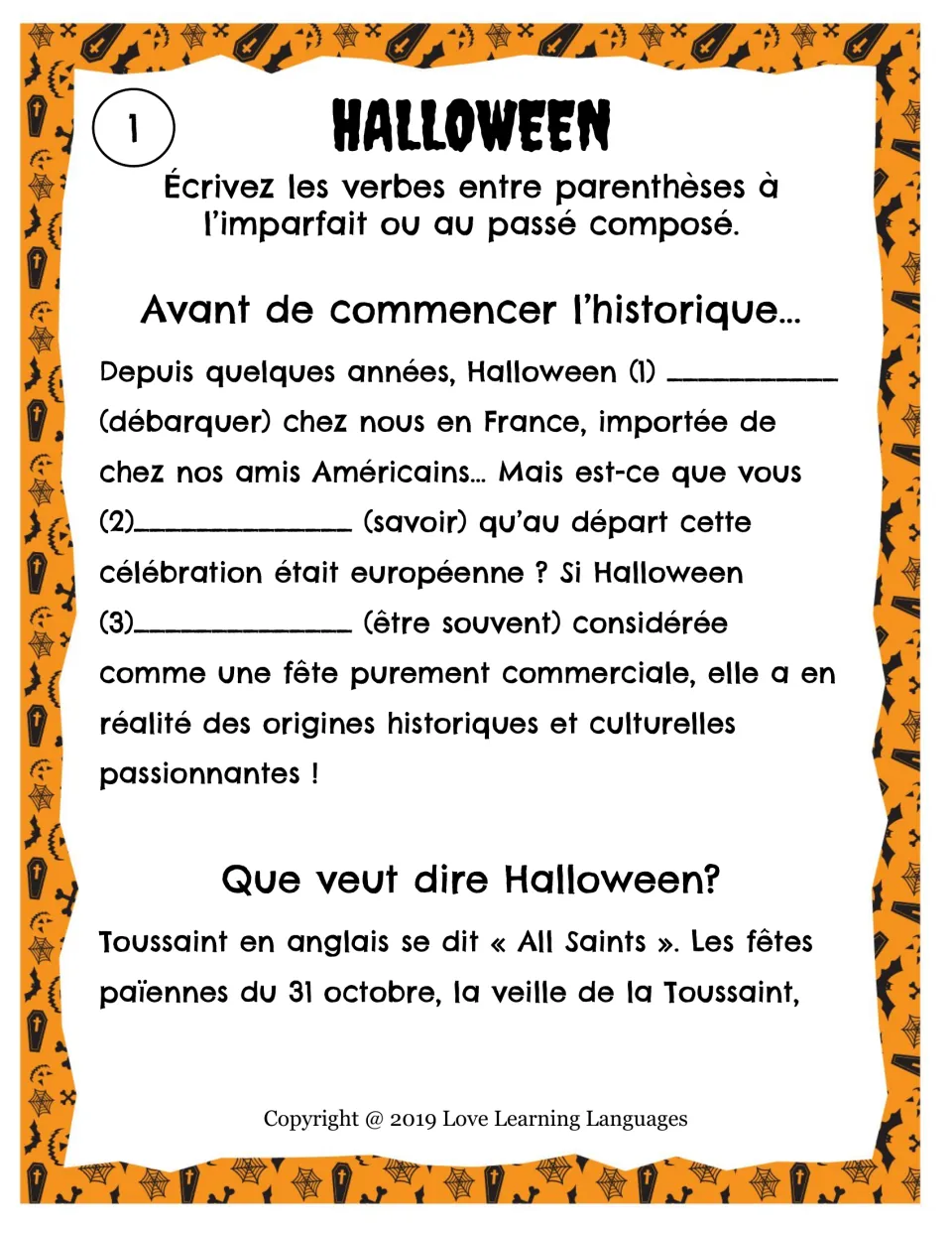 Halloween history page 1: put verbs in the imparfait or passé composé, blanks 1–3 (débarquer, savoir, être)