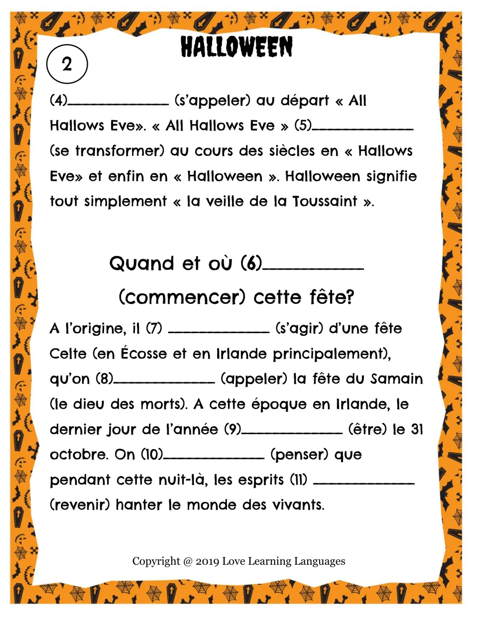 Story page 2: blanks 4–11 on the name All Hallows Eve and Celtic Samain (s'appeler, commencer, revenir)