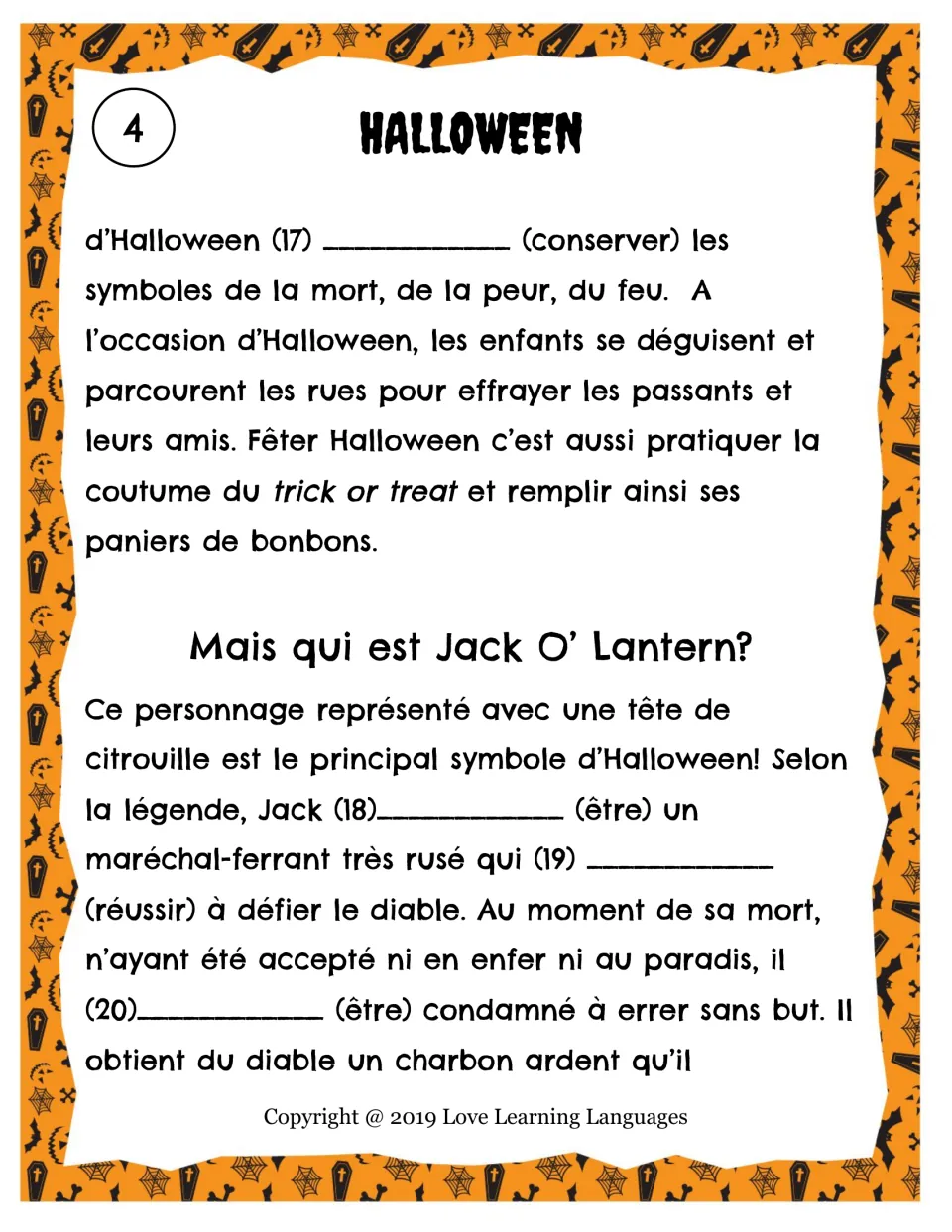 Story page 4: blanks 17–20 on Halloween traditions, trick or treat and Jack O' Lantern (être, réussir)