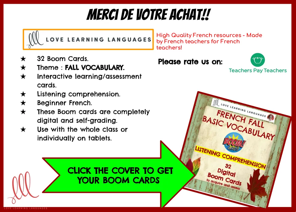 Access page for 32 French fall vocabulary Boom Cards, with listening comprehension and self-grading details.