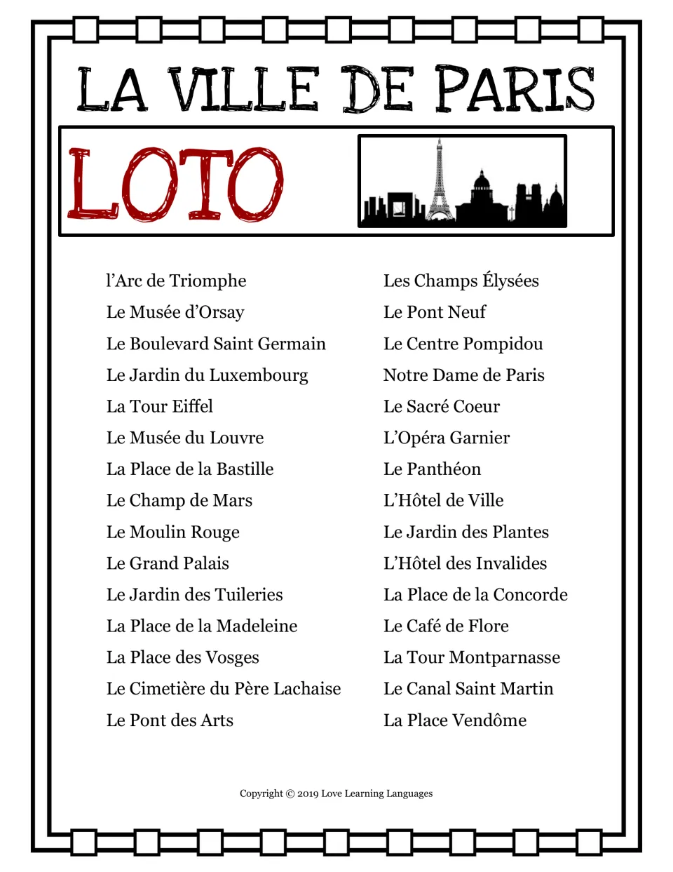Paris loto reference list of 30 landmarks, including La Tour Eiffel (Eiffel Tower) and Le Musée du Louvre