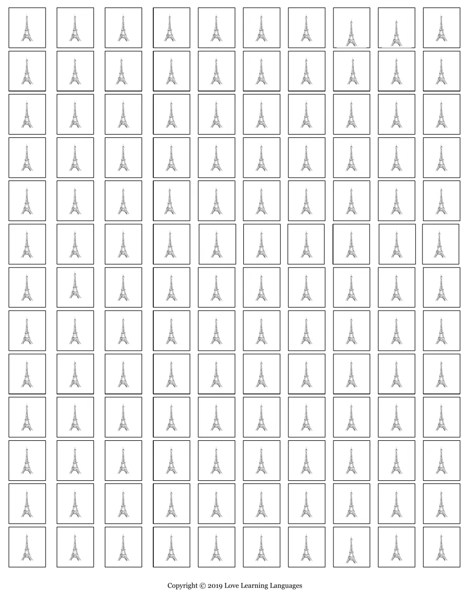 Paris loto marker sheet containing 130 Eiffel Tower pictures to cut apart for the landmark game cards
