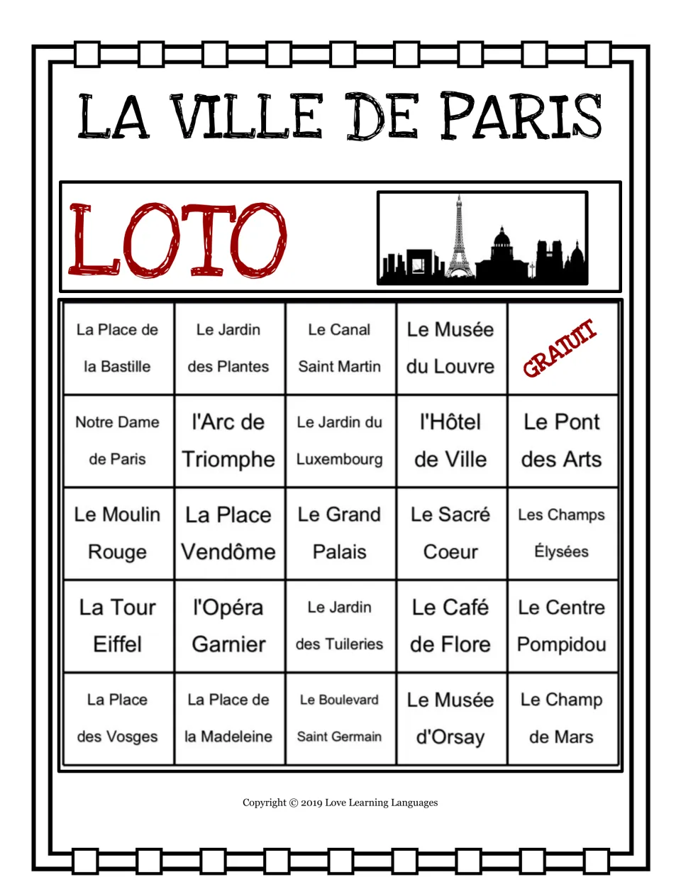 Paris loto card 1: 24 landmarks, including La Place de la Bastille, with GRATUIT (free) at the upper right