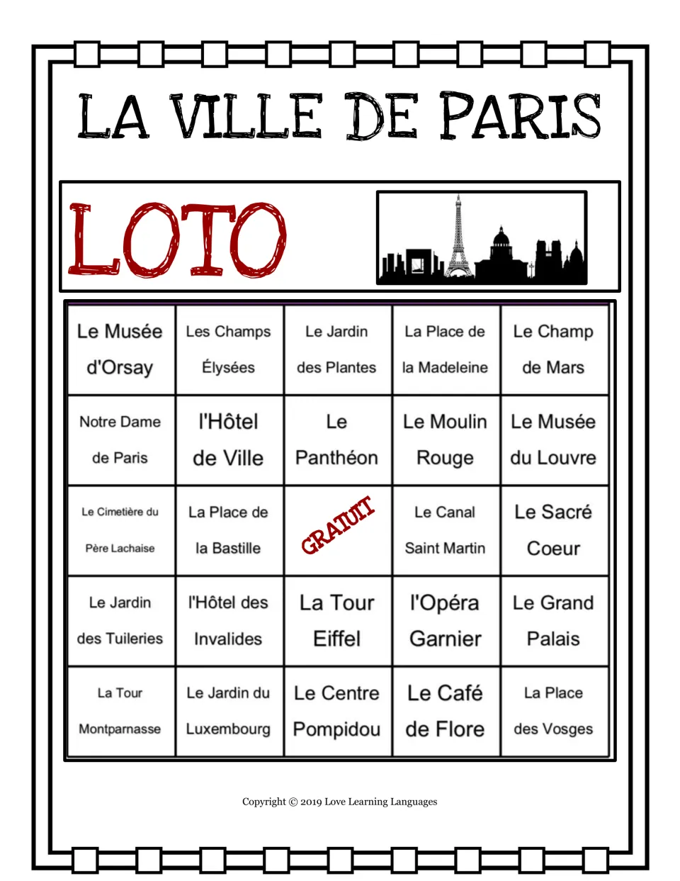 Paris loto card 2: 24 landmarks, including Le Musée d’Orsay (Orsay Museum), with GRATUIT (free) in the center