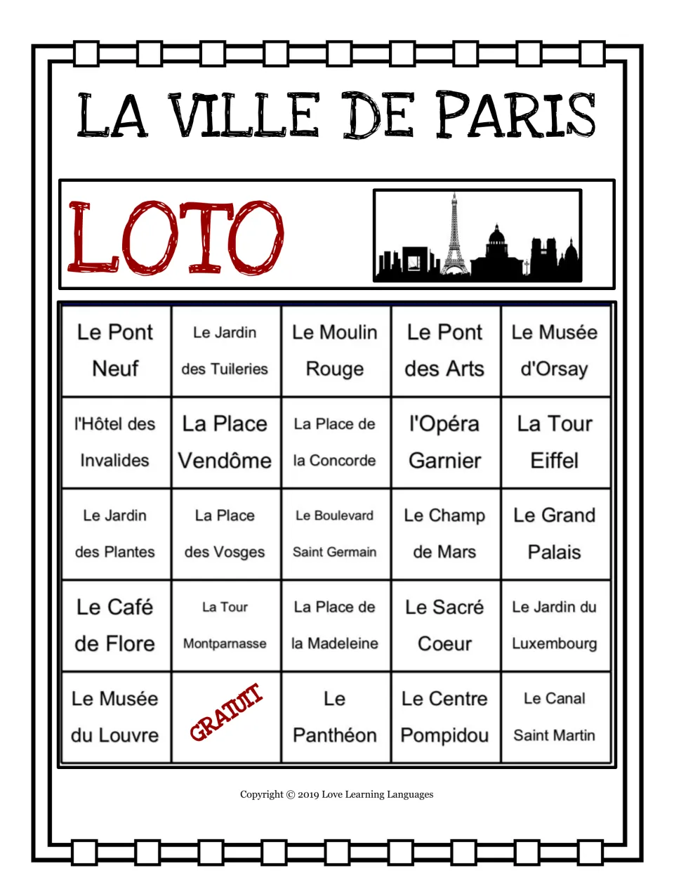 Paris loto card 3: 24 landmarks, including Le Pont Neuf (New Bridge), with GRATUIT (free) near the bottom left