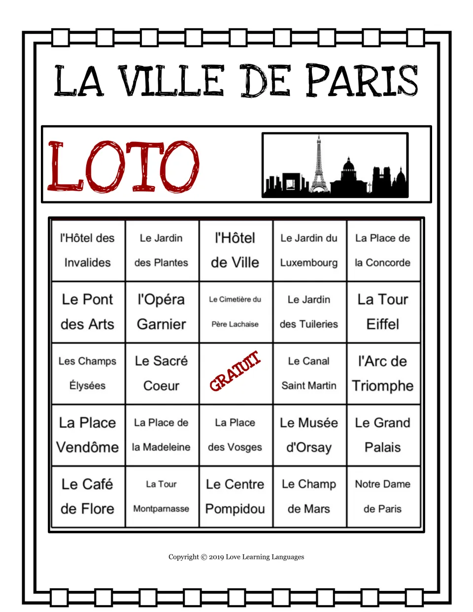 Paris loto card 4: 24 landmarks, including l’Hôtel des Invalides and Le Pont des Arts, plus GRATUIT (free)