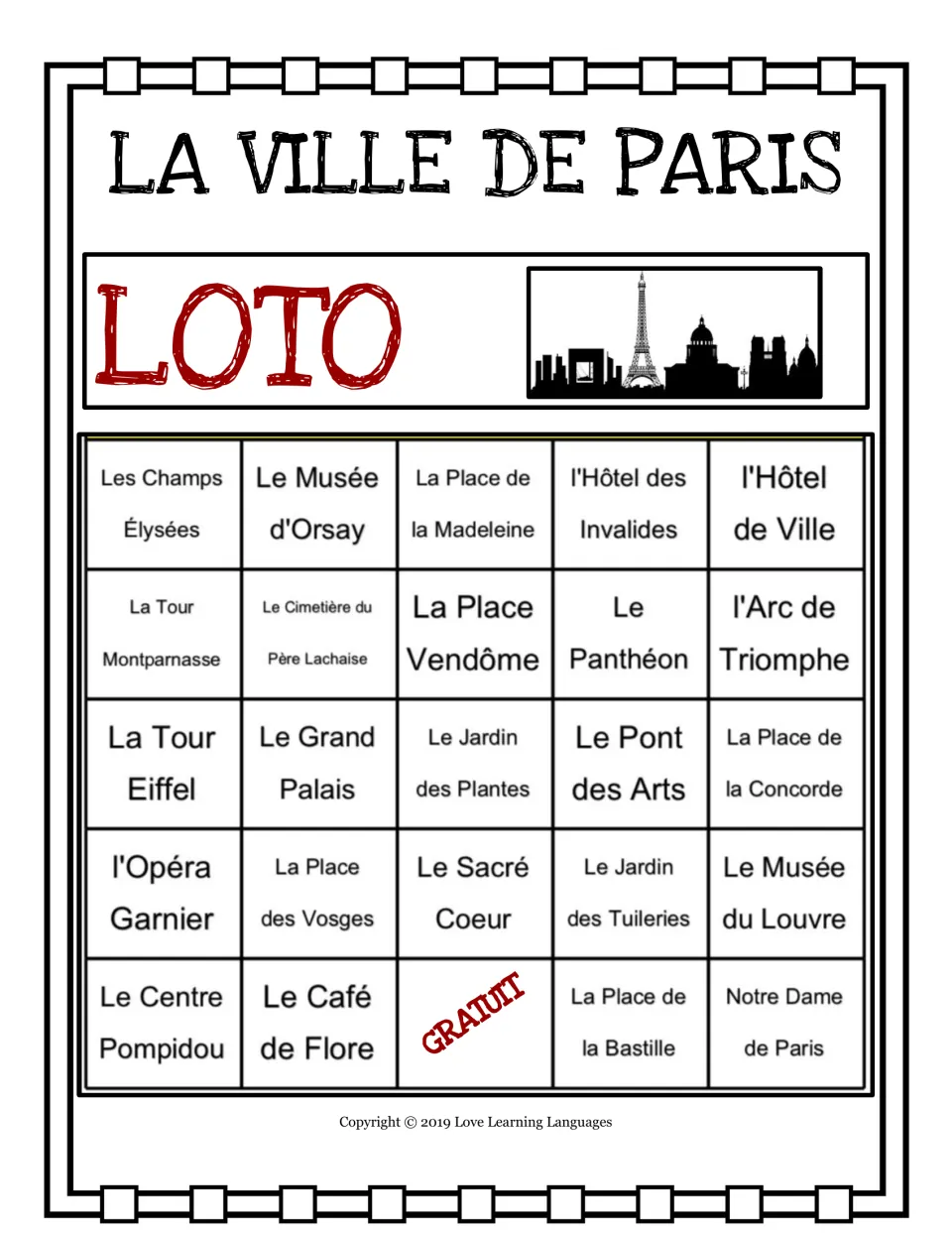 Paris loto card 5: 24 landmarks, including Les Champs Élysées, with GRATUIT (free) at the bottom center