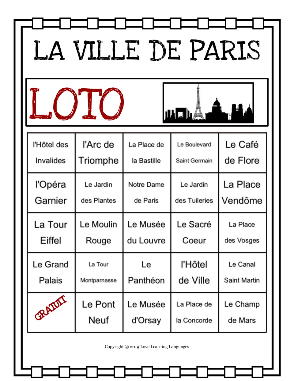 Paris loto card 6: 24 landmarks, including Le Café de Flore, with GRATUIT (free) in the bottom-left corner