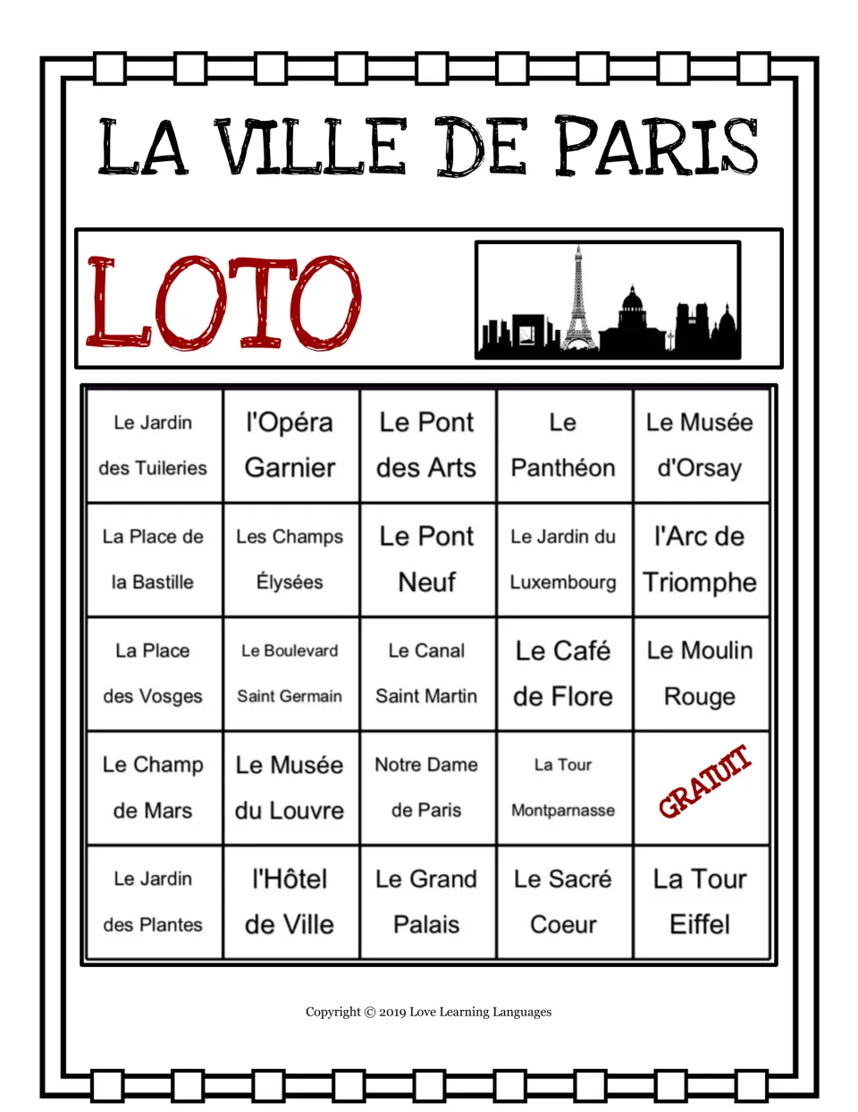 Paris loto card 7: 24 landmarks, including Le Jardin des Tuileries, with GRATUIT (free) above La Tour Eiffel
