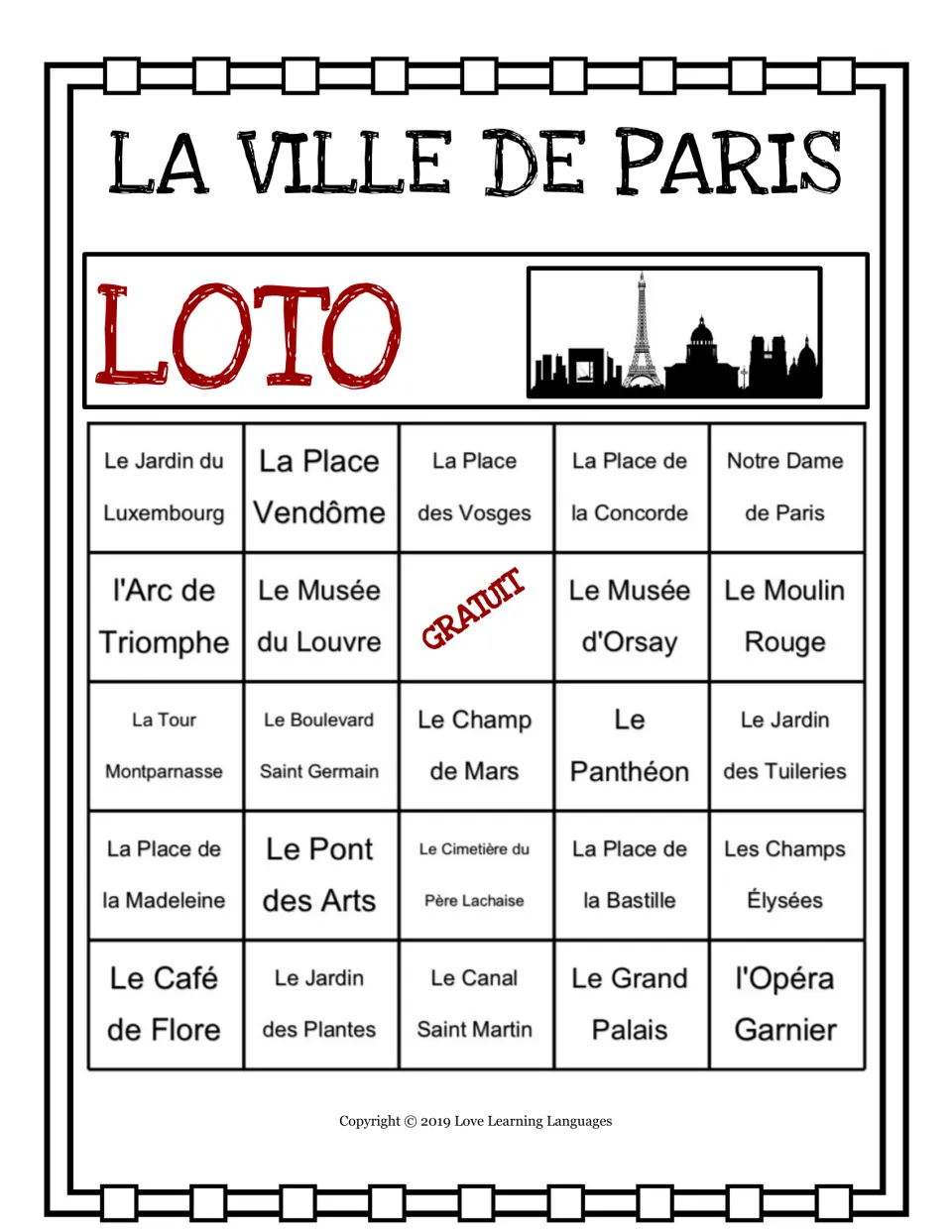 Paris loto card 8: 24 landmarks, including Le Jardin du Luxembourg, with GRATUIT (free) above Le Champ de Mars