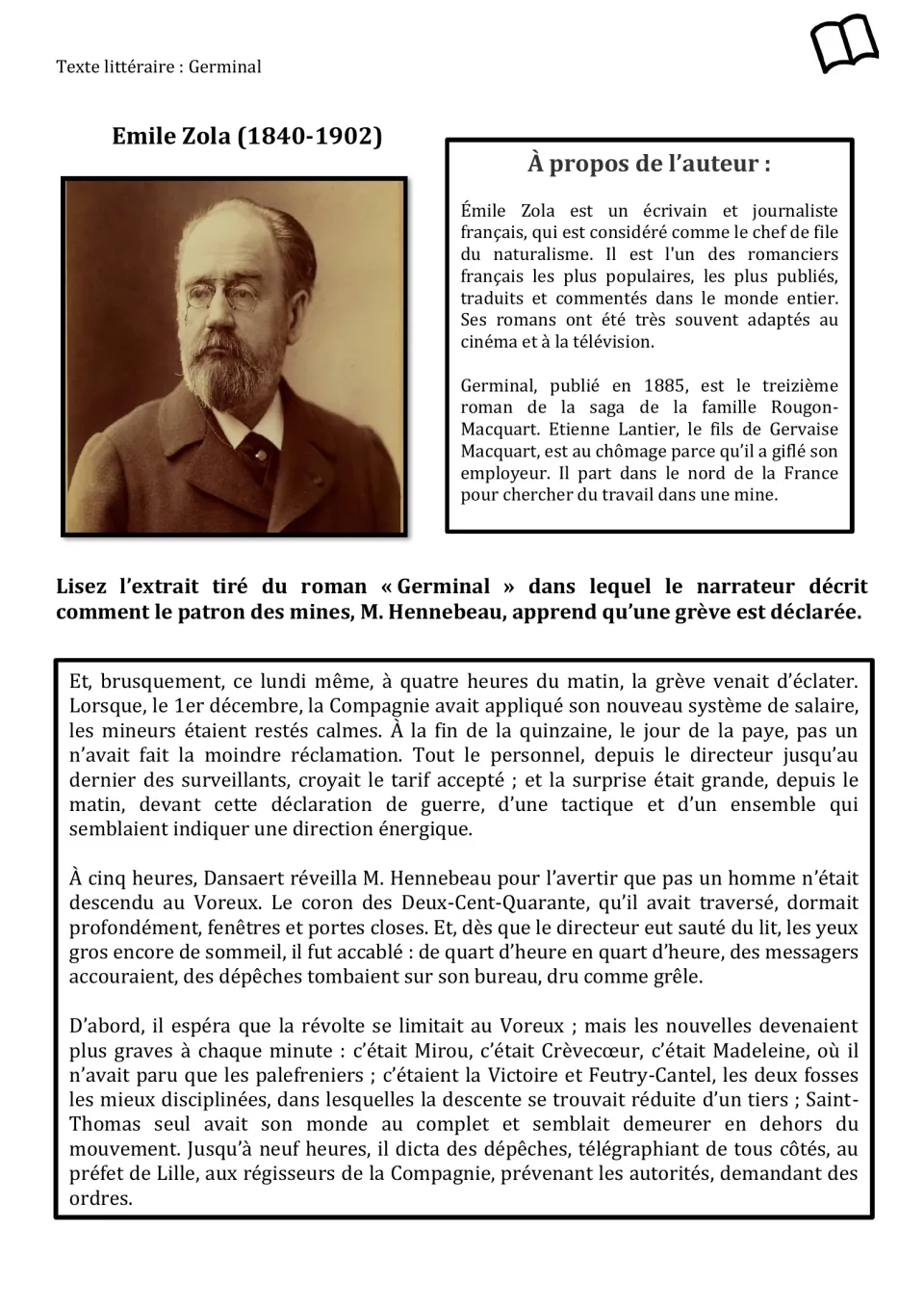 French Germinal excerpt and Émile Zola biography, introducing the miners' strike reported to M. Hennebeau.