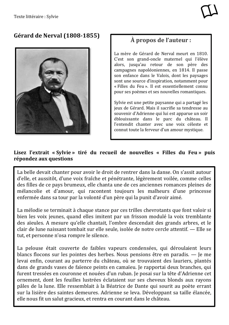 French reading passage from Sylvie: Gérard de Nerval's biography and Adrienne's song in the château park.