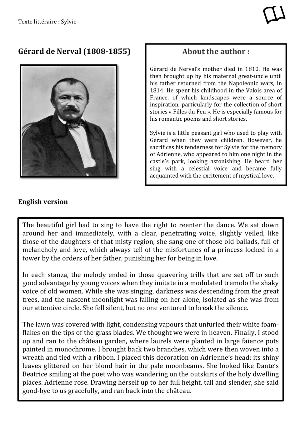 English translation of the Sylvie excerpt and author biography, including Adrienne's song and laurel wreath.