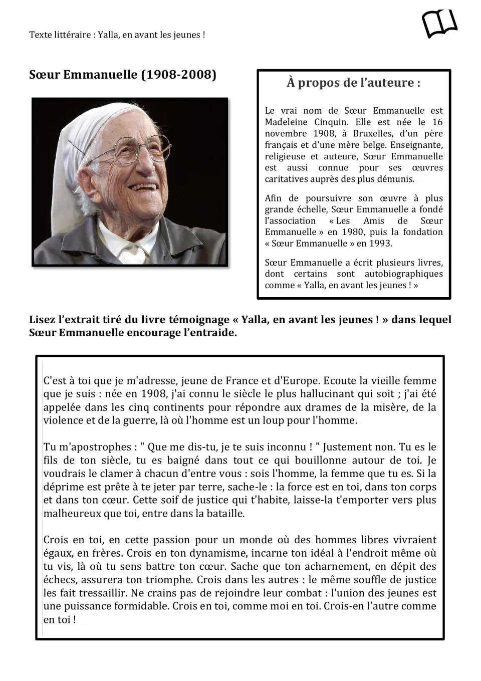 French reading passage by Sœur Emmanuelle urging young people to help others, with a short author biography.