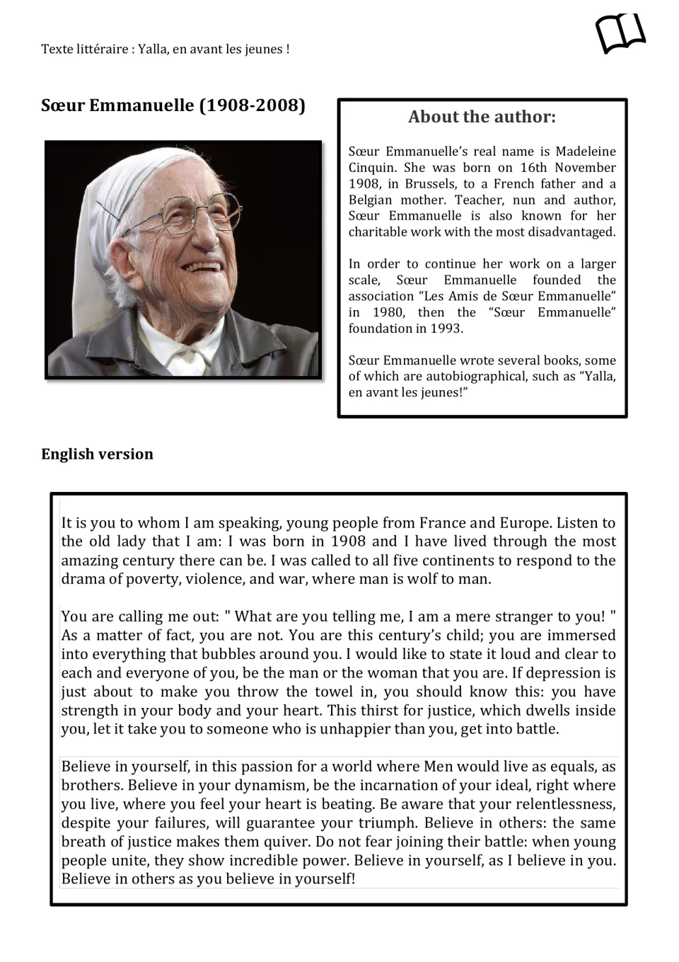 English translation of Sœur Emmanuelle's appeal to young people to believe in themselves and help others.
