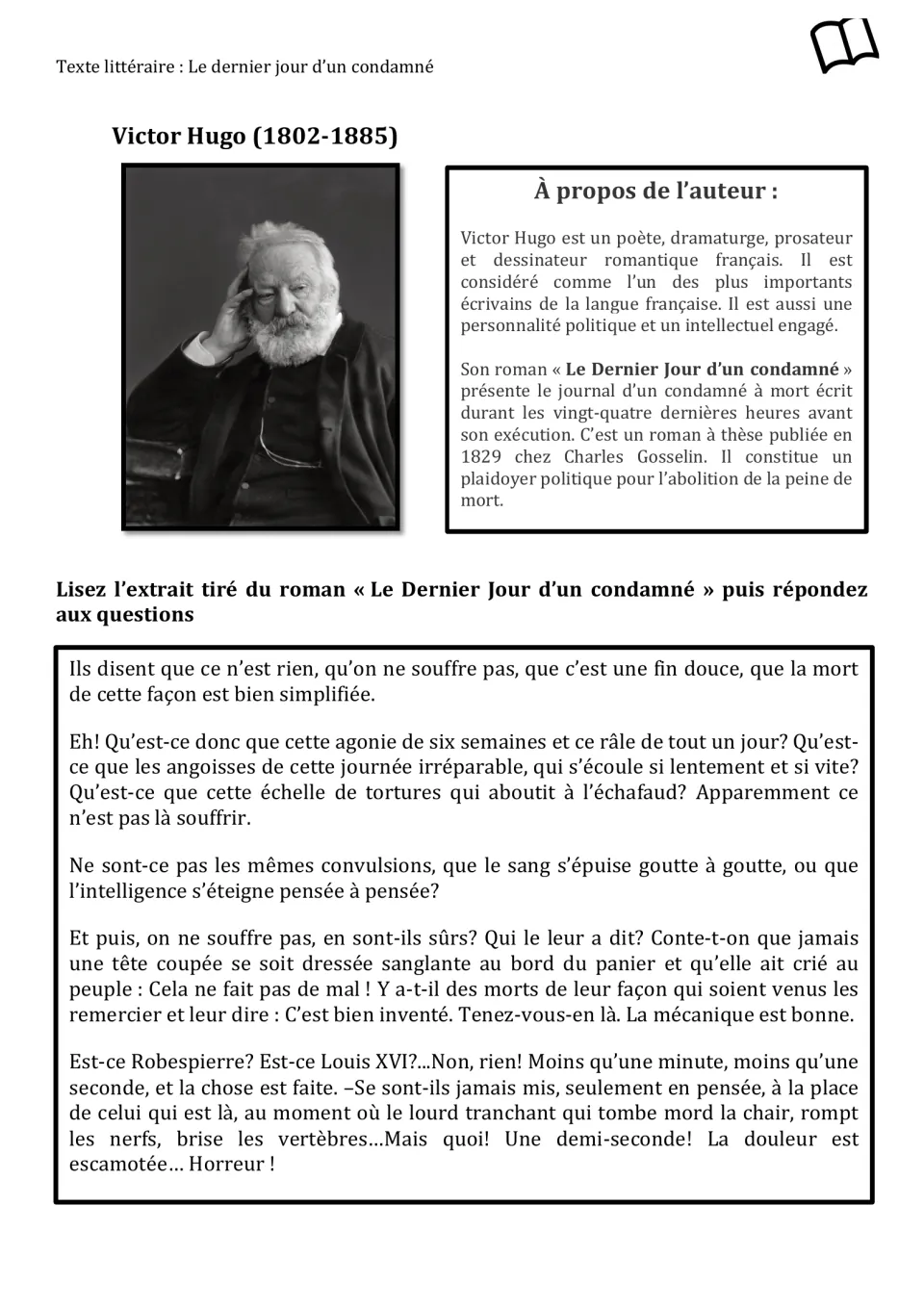 French reading passage: Victor Hugo’s biography and a condemned man’s account of suffering before execution.