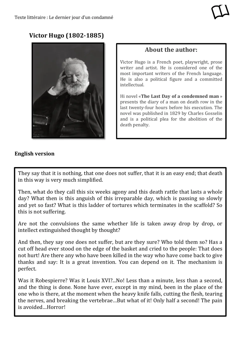 English translation of the French passage, with Victor Hugo’s biography and arguments against the death penalty.