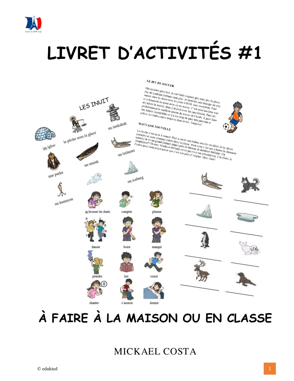 French activity booklet cover showing reading, Inuit vocabulary, and verb activities for home or class