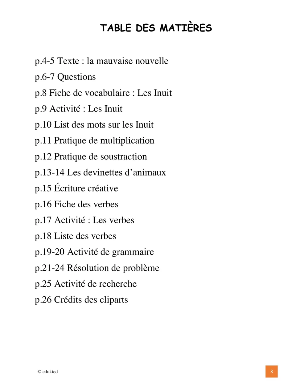 French booklet contents list reading, Inuit vocabulary, math, animal riddles, writing, verbs, and grammar