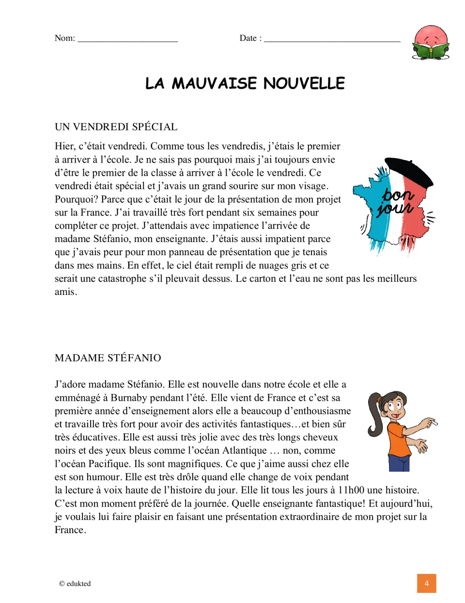 French story opening: David arrives at school with his France project and describes his teacher, Madame Stéfanio