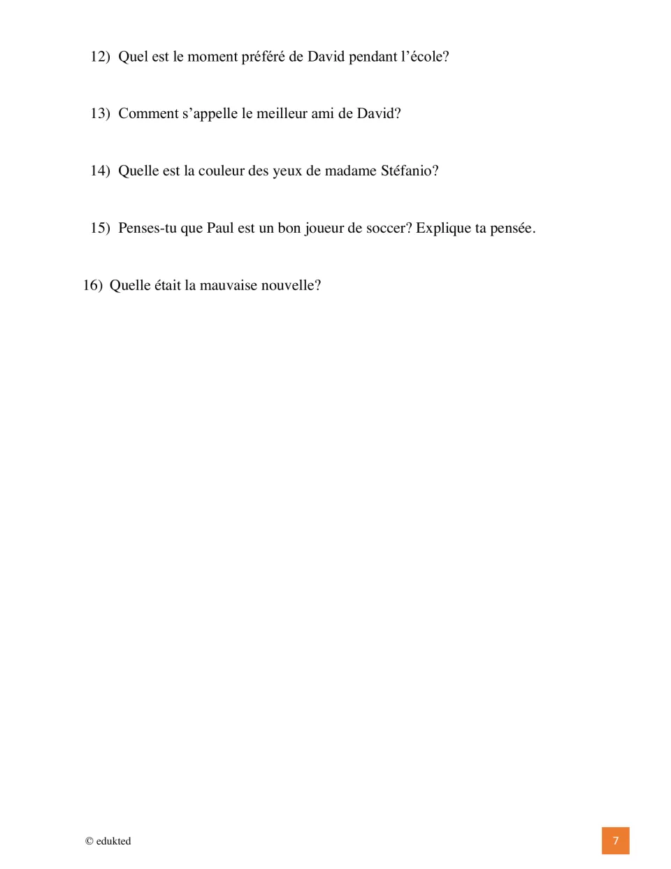 French reading questions 12–16 ask about David's favorite school moment, Paul, his teacher, and the bad news