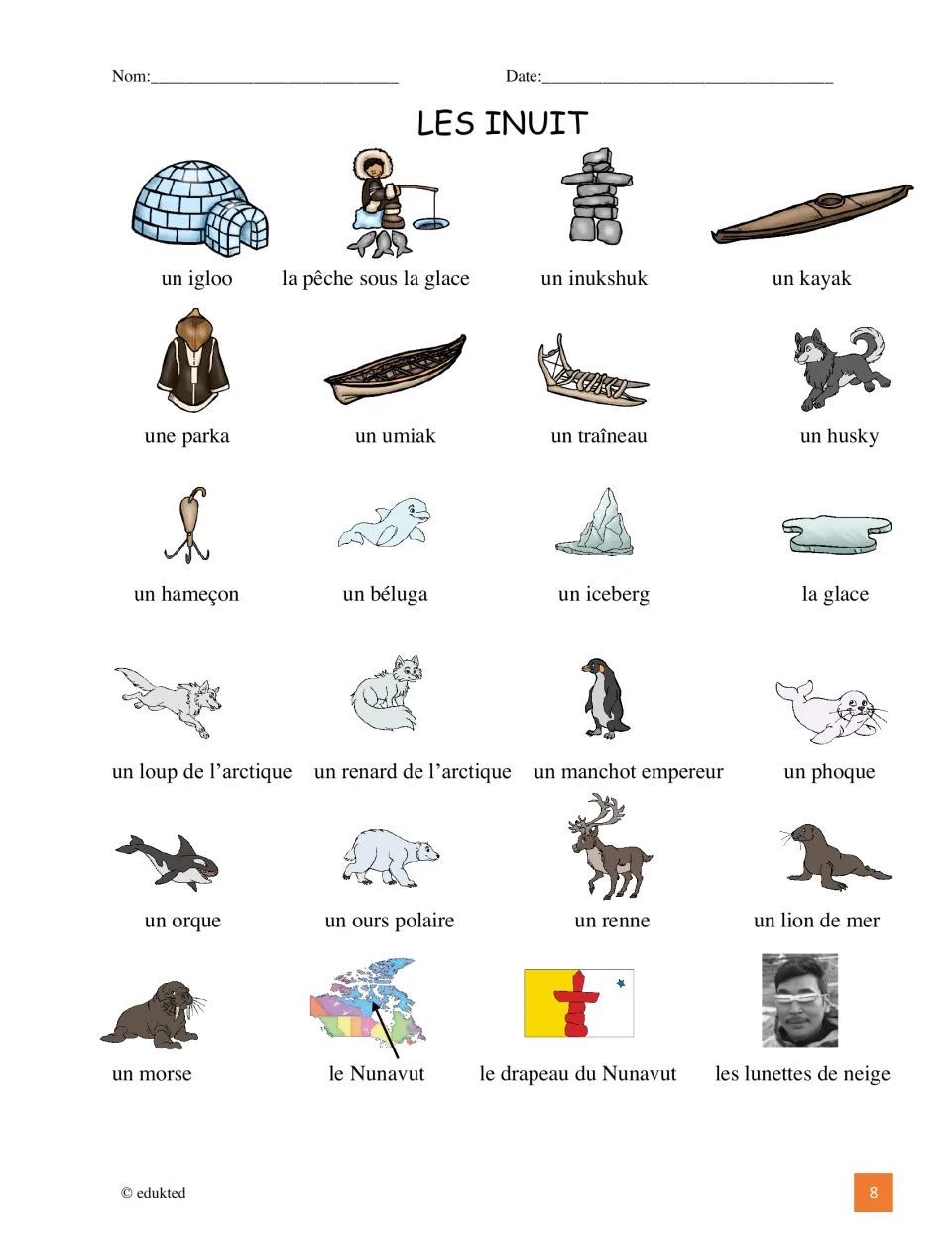 French Inuit vocabulary reference pairs 24 pictures with labels, including un kayak (kayak) and un phoque (seal)