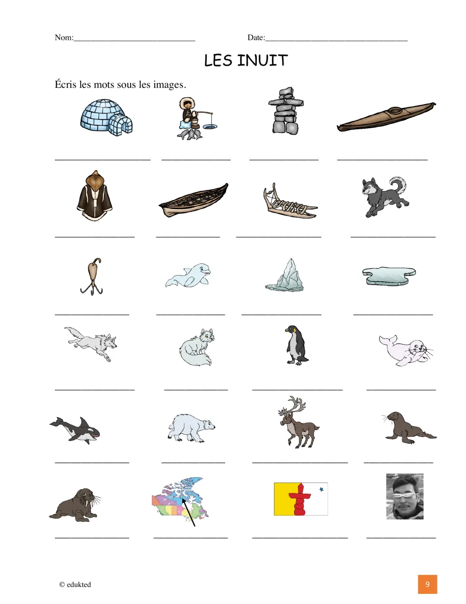 French Inuit vocabulary activity asks students to label 24 pictures, including a kayak, seal, and Nunavut flag