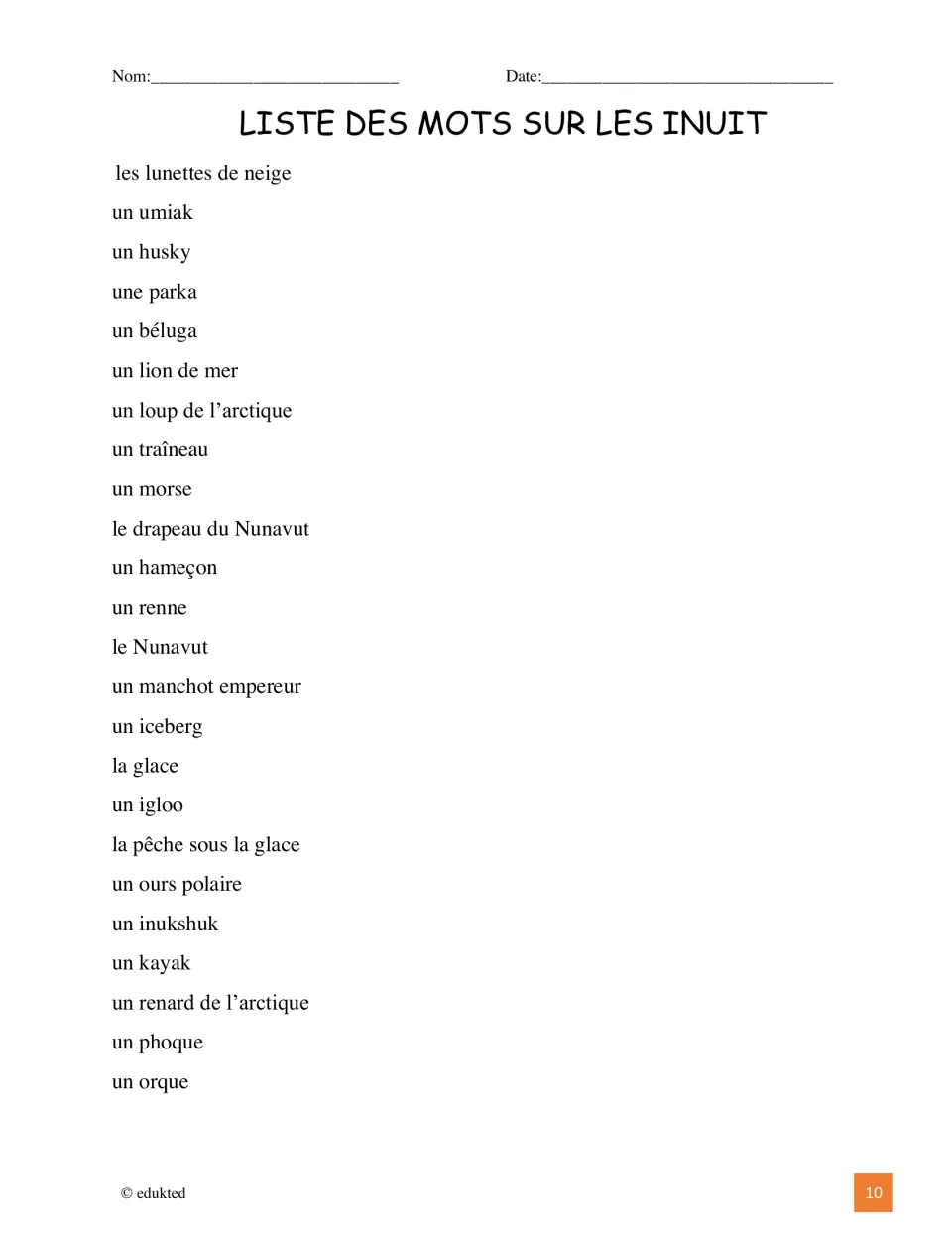 French Inuit vocabulary word list includes 24 terms, such as une parka (parka) and un ours polaire (polar bear)