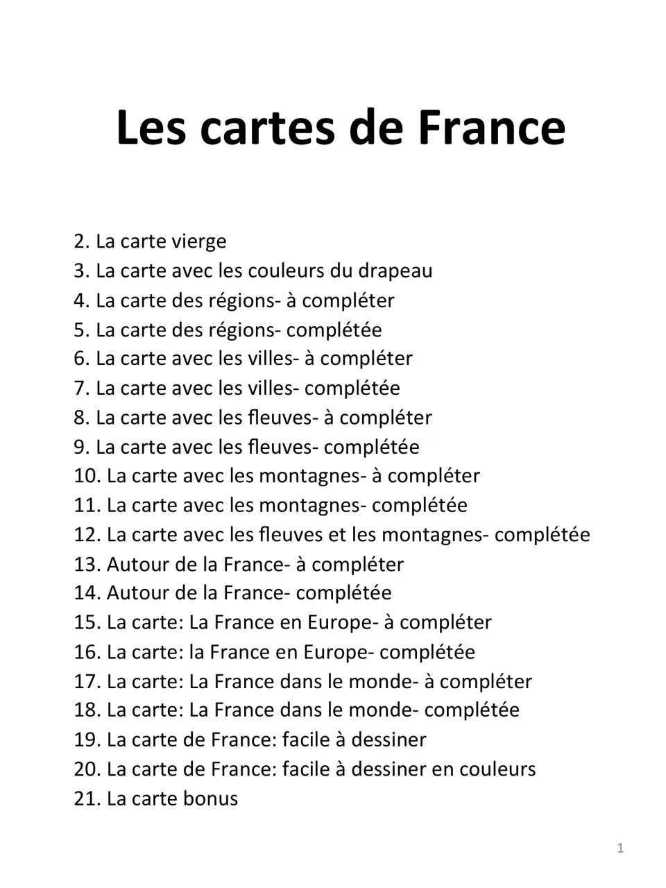 Contents for the French map booklet, listing blank and completed maps of regions, cities, rivers and mountains