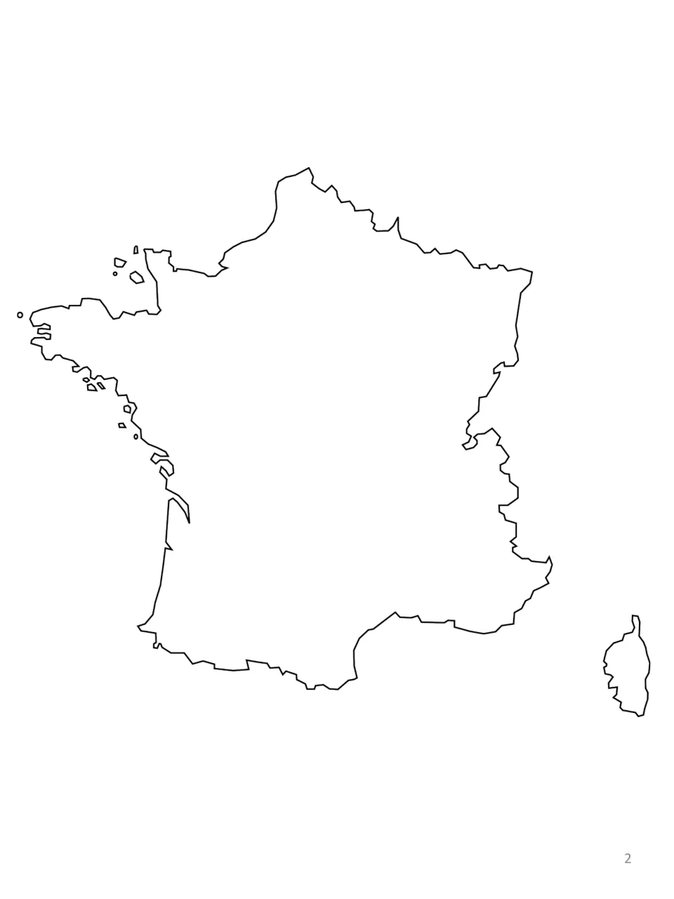 Blank map of mainland France and Corsica for students to complete as part of the French geography booklet