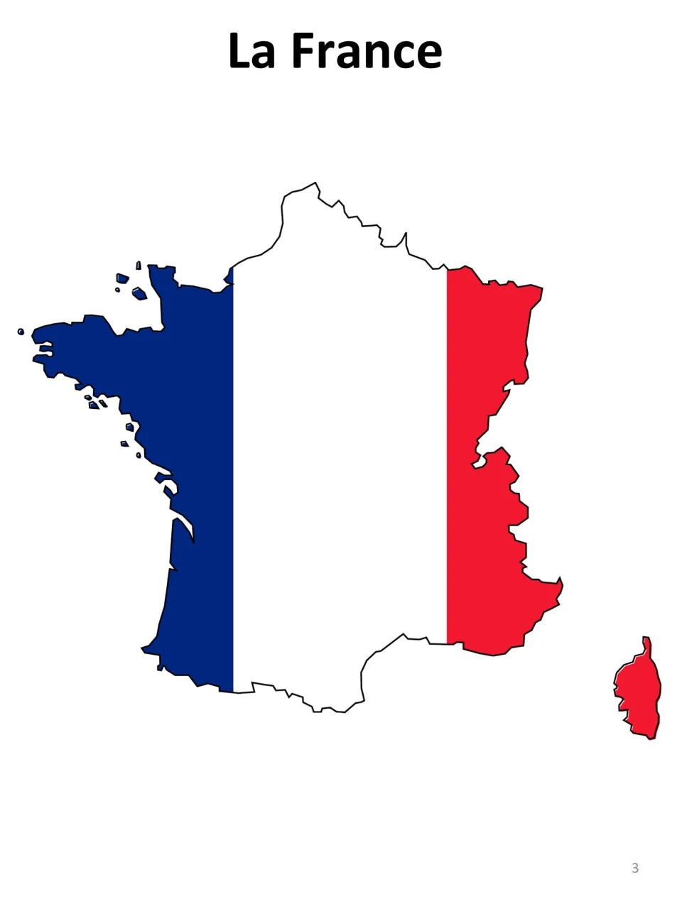 French geography booklet map titled 'La France' (France), filled with the flag colors blue, white and red