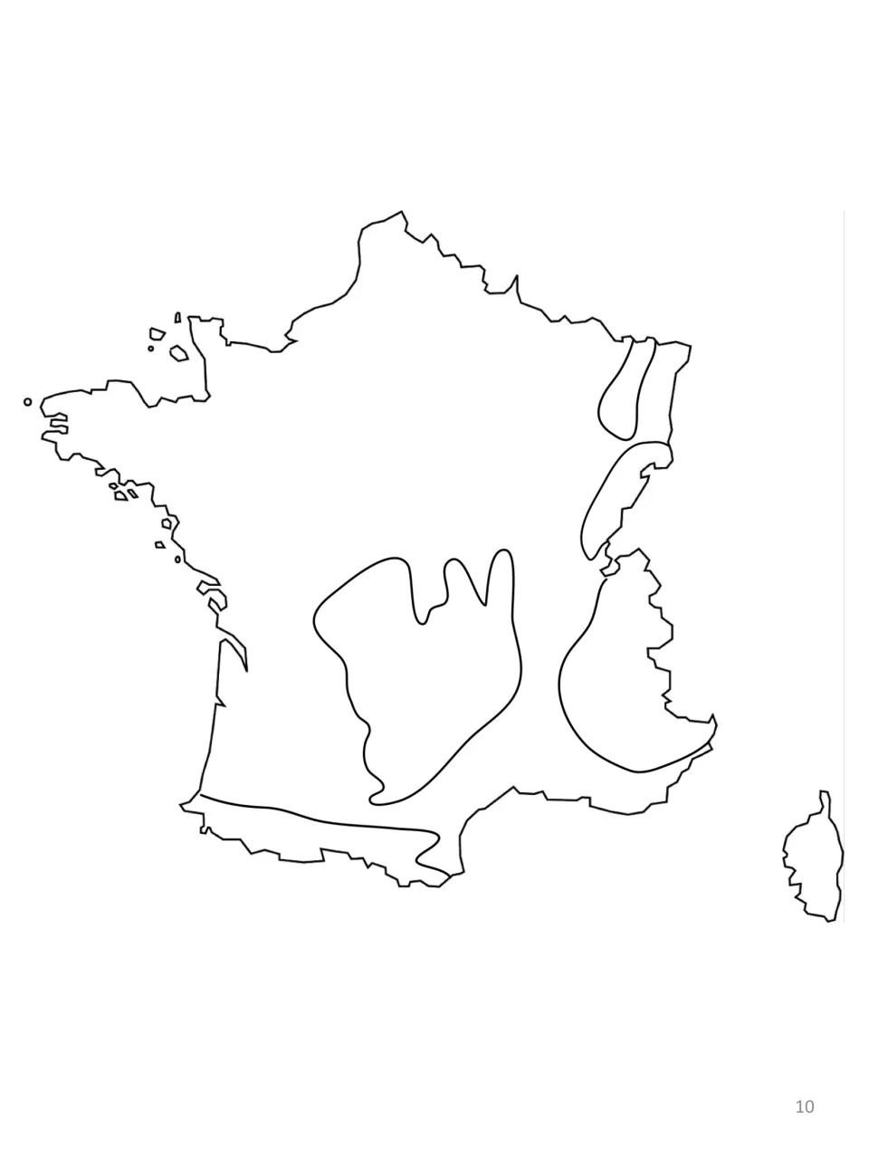 Mountain map for students to complete, showing five unlabeled mountain areas within mainland France