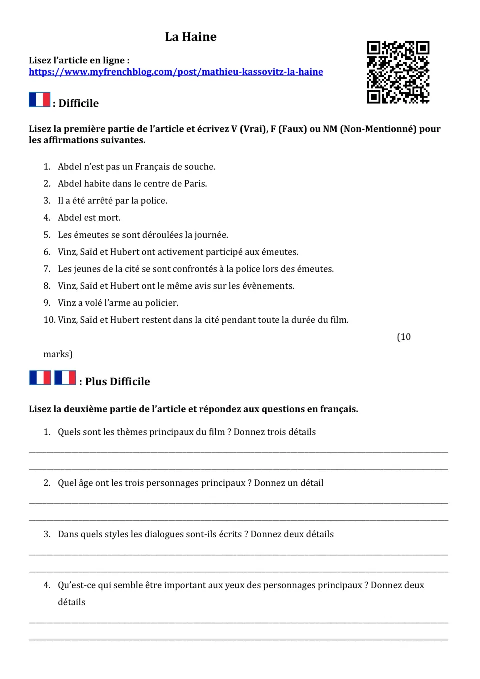 Film article worksheet: 10 true/false/not-mentioned statements and questions 1–4 on themes and characters.