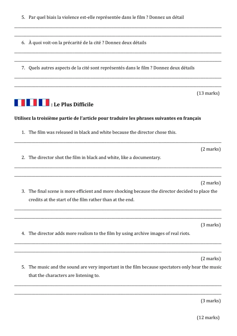 Film article worksheet continued: questions 5–7 on violence and city life, plus five translation sentences.