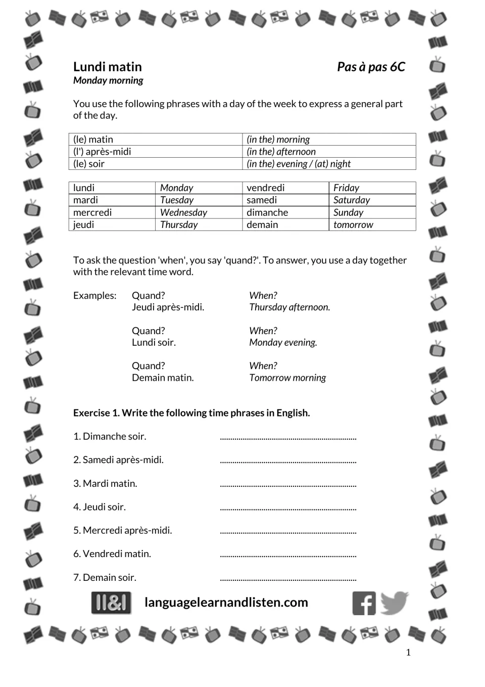 French time-phrase lesson: matin (morning), après-midi (afternoon), soir (evening), and translation items 1–7