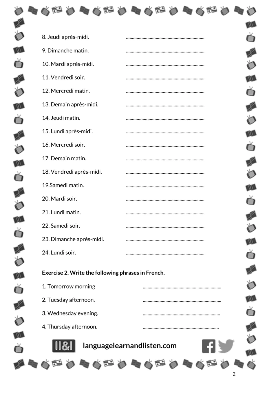 French translation practice: Exercise 1 items 8–24 and Exercise 2 items 1–4, including 'Tomorrow morning'