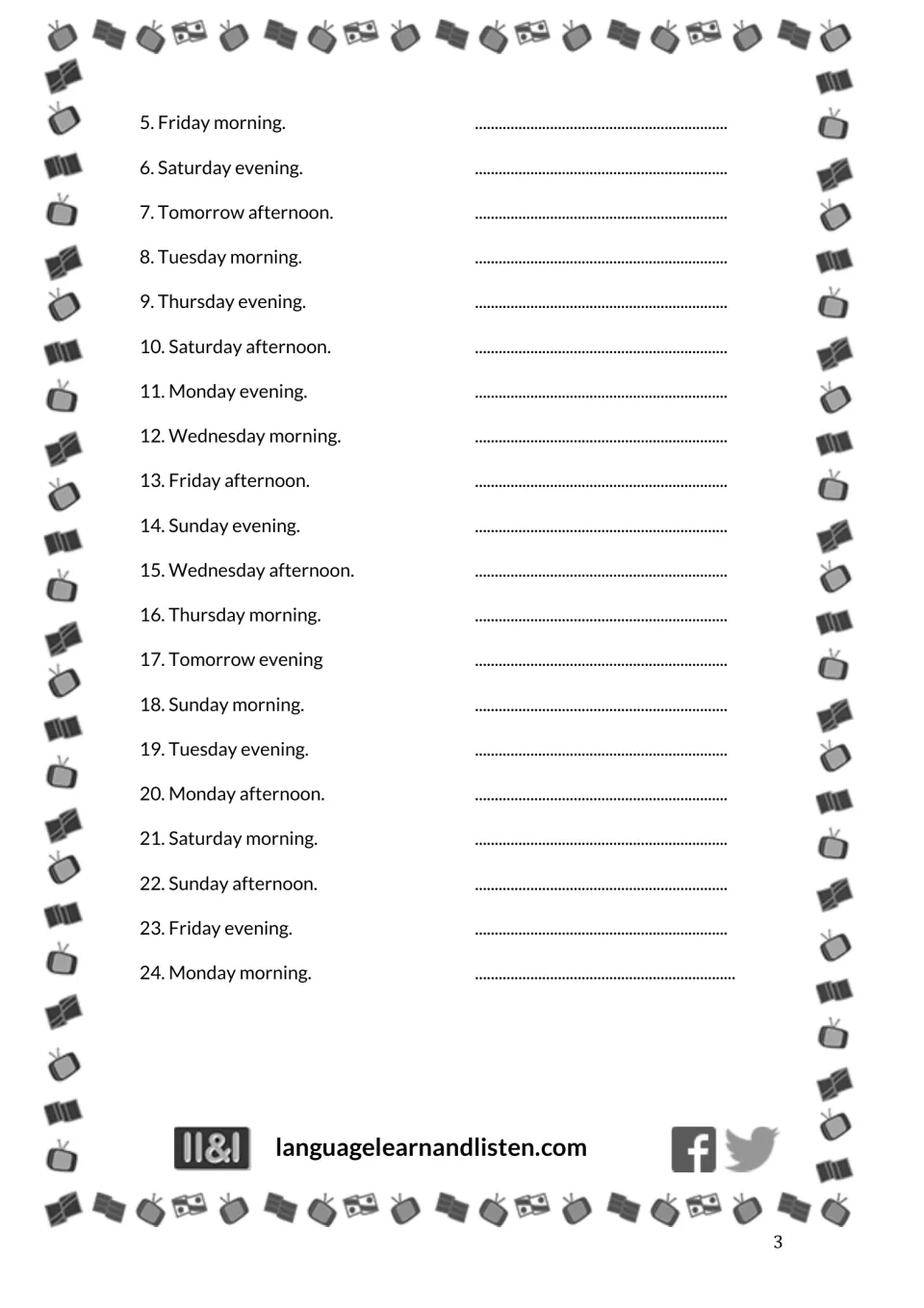 English-to-French translation practice, items 5–24: Friday morning, Saturday evening, and 18 more phrases