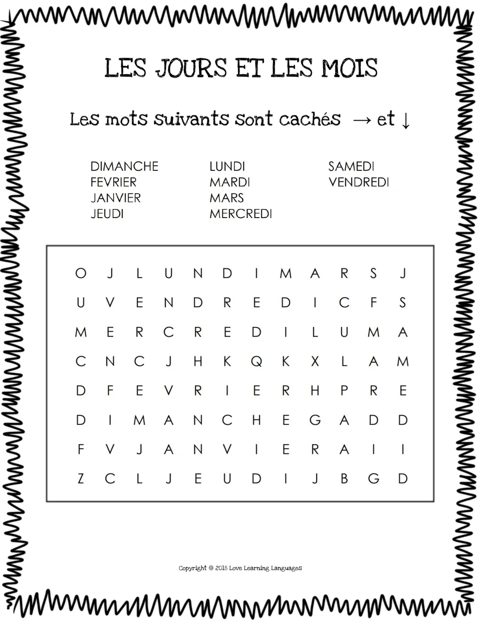 French days and months word search: students find all 7 days plus janvier, février and mars, hidden across and down