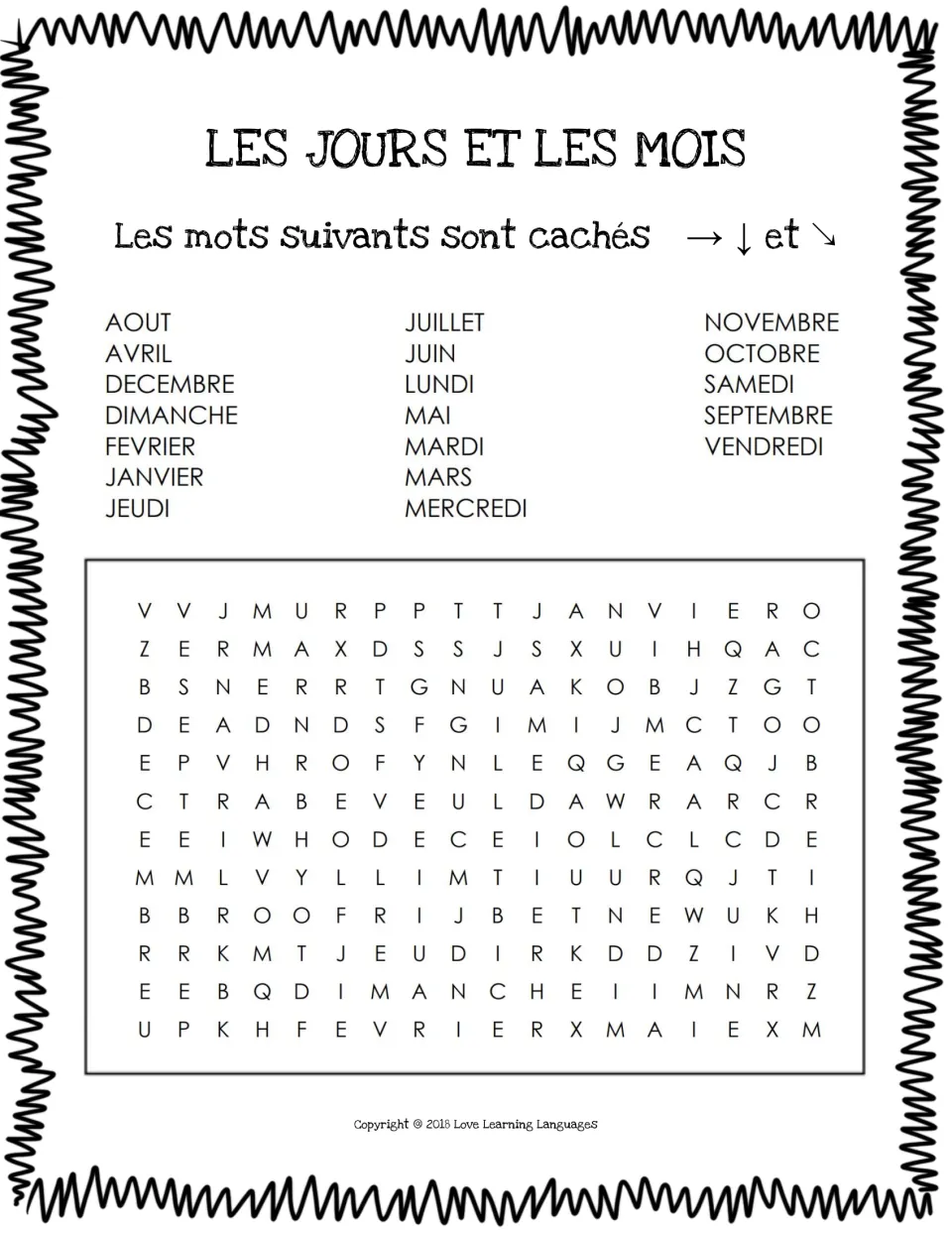 Full French calendar word search: students find all 7 days and 12 months, hidden across, down and diagonally