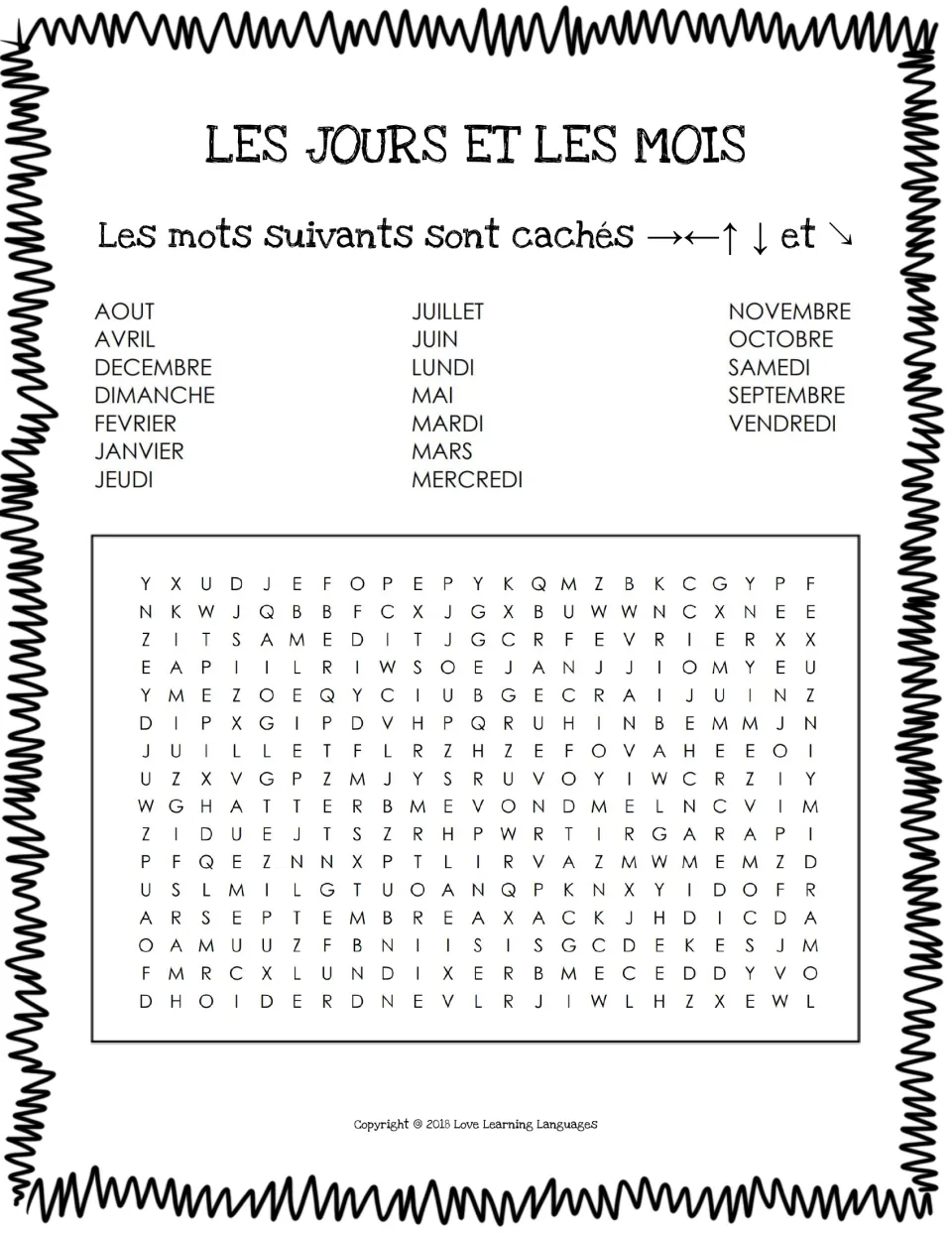 Les jours et les mois word search: students find 19 French day and month names hidden in five directions, some backward