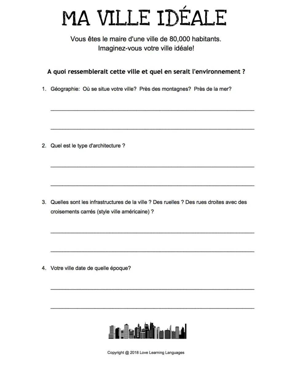 Ma ville idéale questions 1–4: as mayor of a city of 80,000, describe its geography, architecture, streets and era