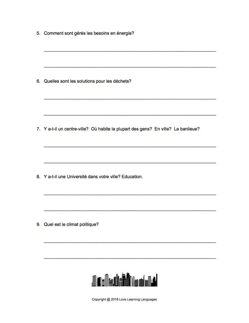 Questions 5–9: energy needs, waste (les déchets), downtown vs. suburbs, university and political climate