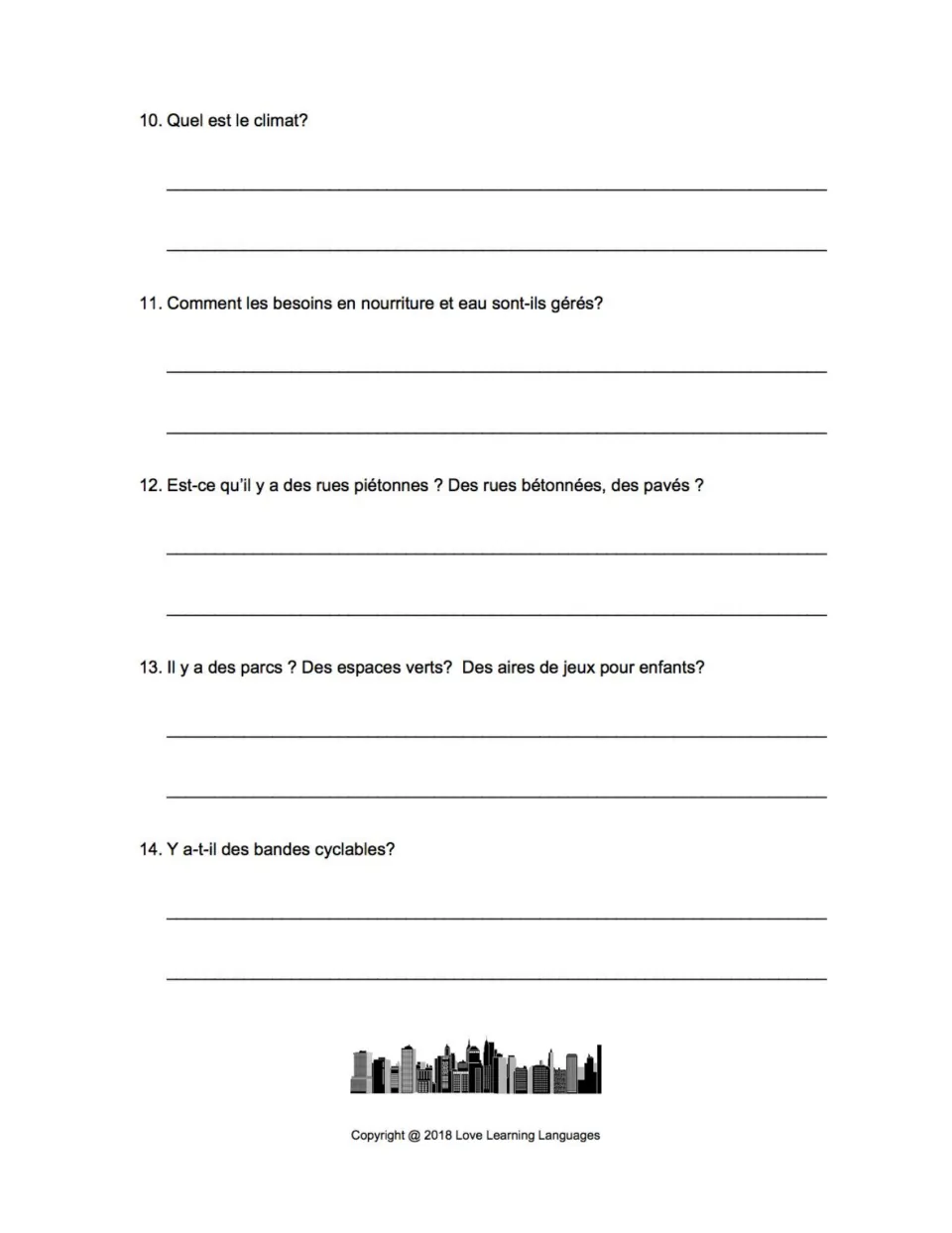 Questions 10–14: climate, food and water, pedestrian streets (rues piétonnes), parks and bike lanes