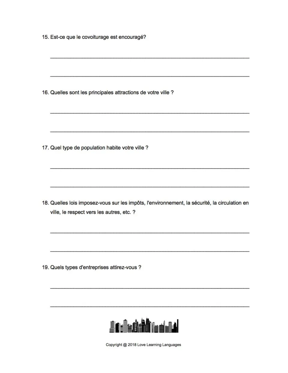 Questions 15–19: carpooling (le covoiturage), main attractions, population, city laws and businesses to attract