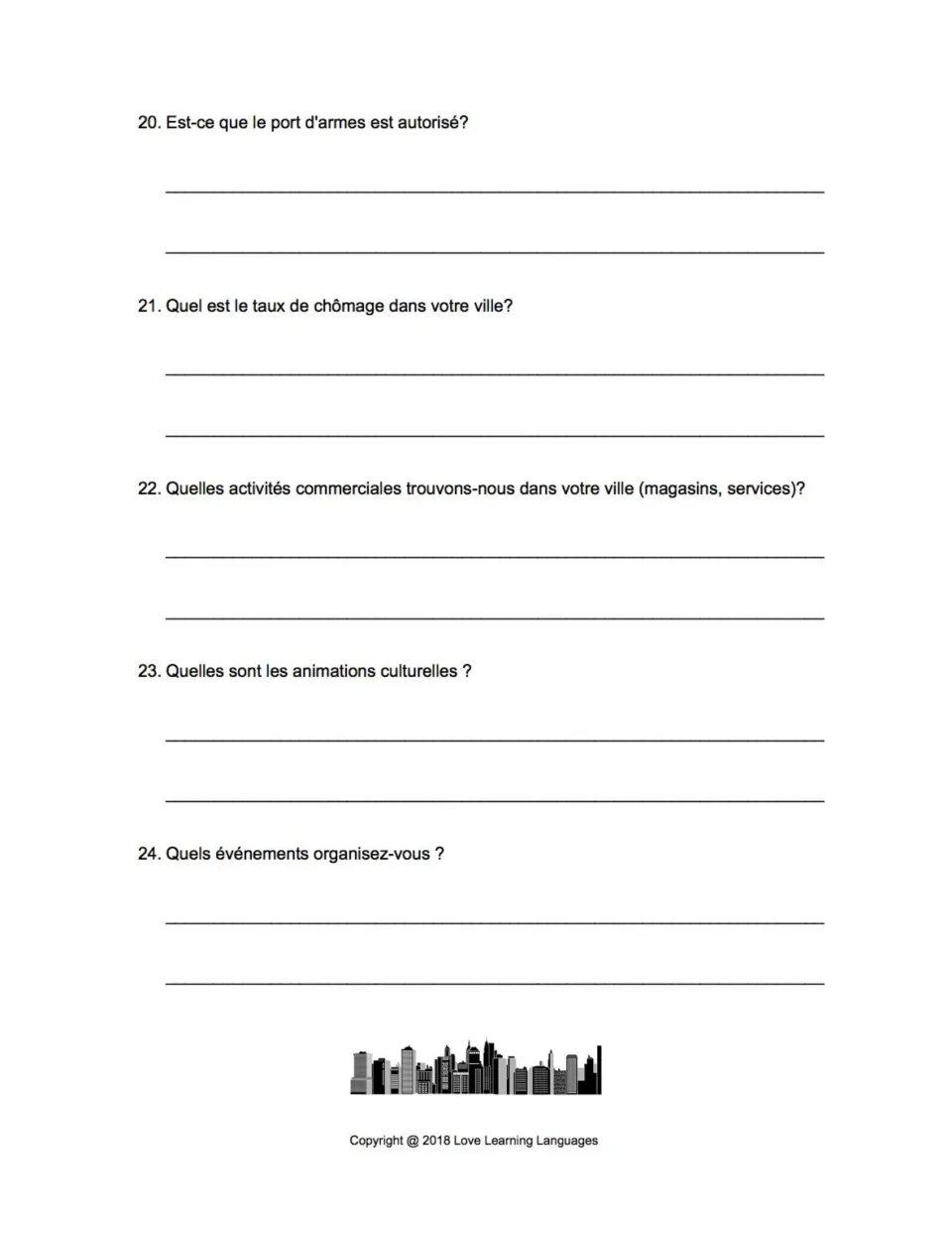 Questions 20–24: carrying weapons, the unemployment rate, shops and services, cultural life and city events