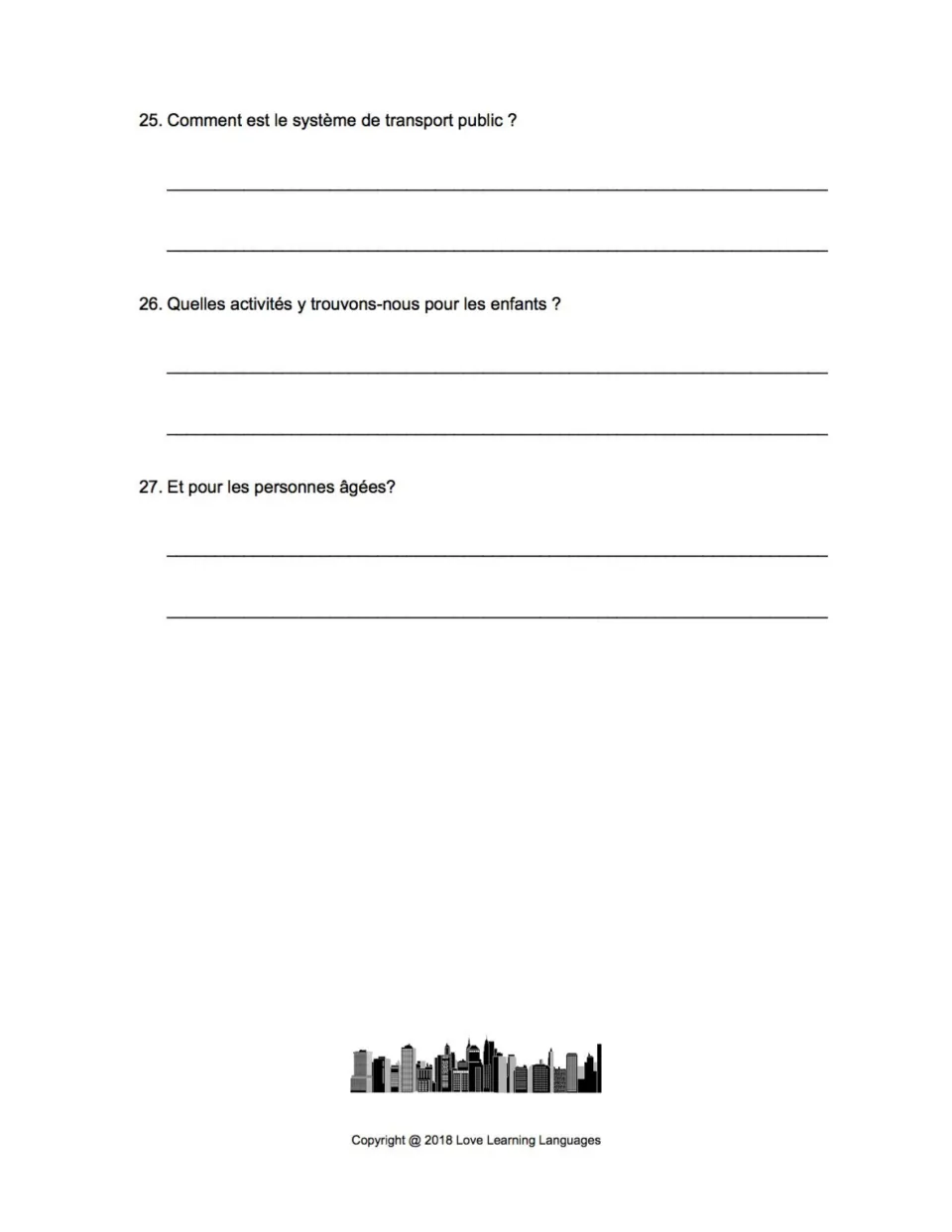 Final questions 25–27 about the ideal city: public transportation and activities for children and for seniors