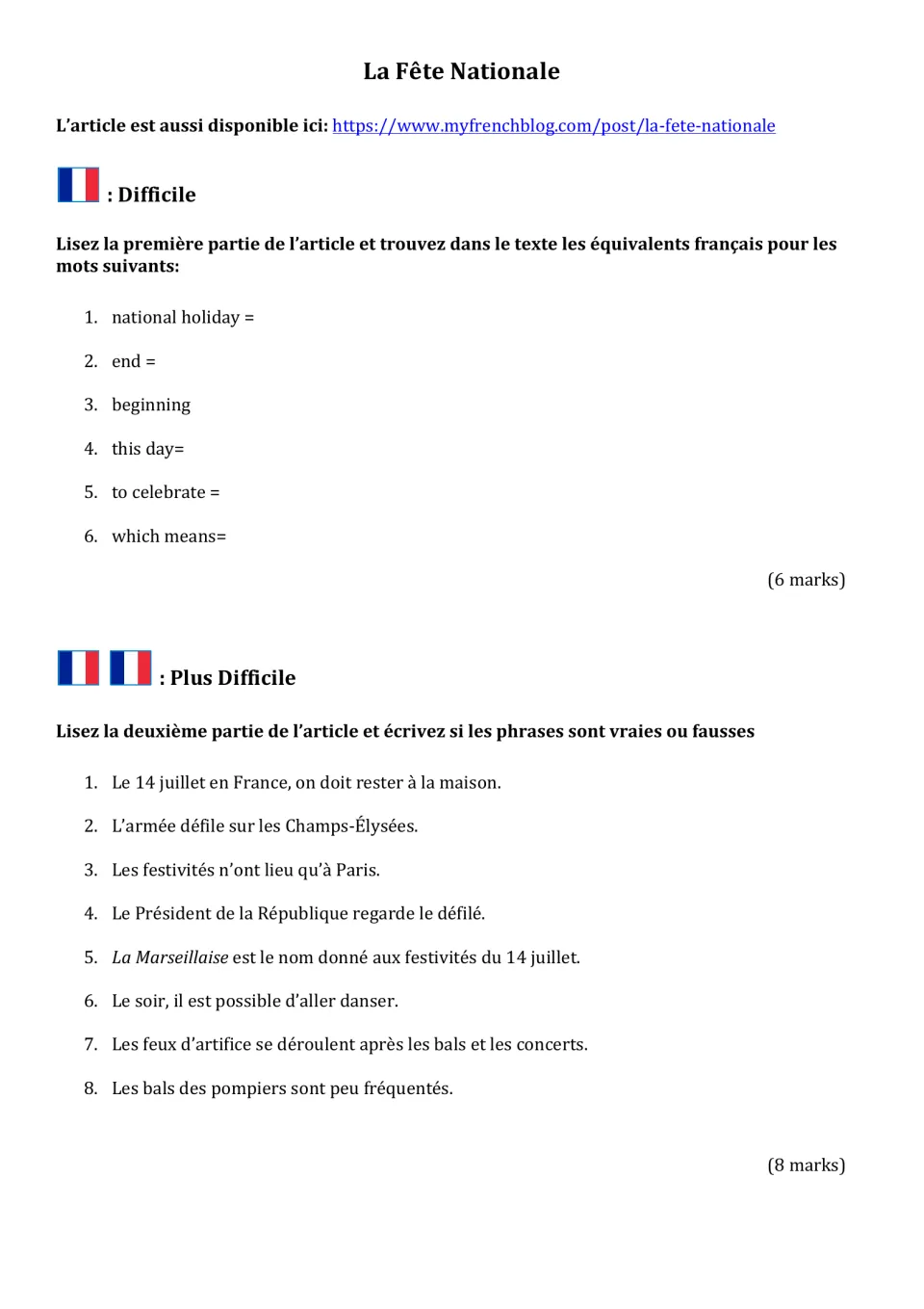 French National Day worksheet: six vocabulary prompts and eight true-or-false statements about July 14.