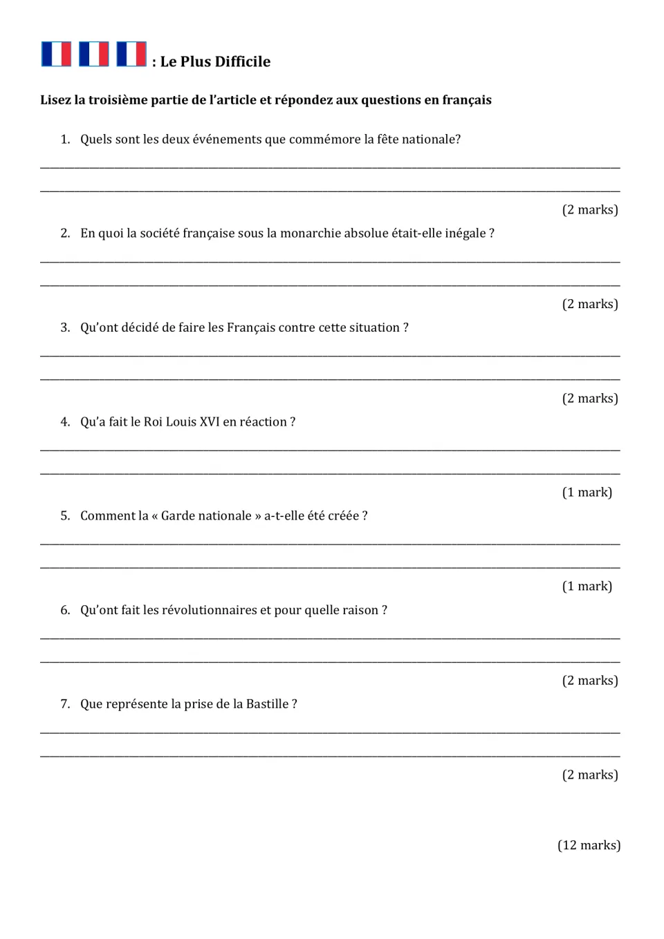 French National Day reading activity: seven questions on the monarchy, National Guard, and Bastille.