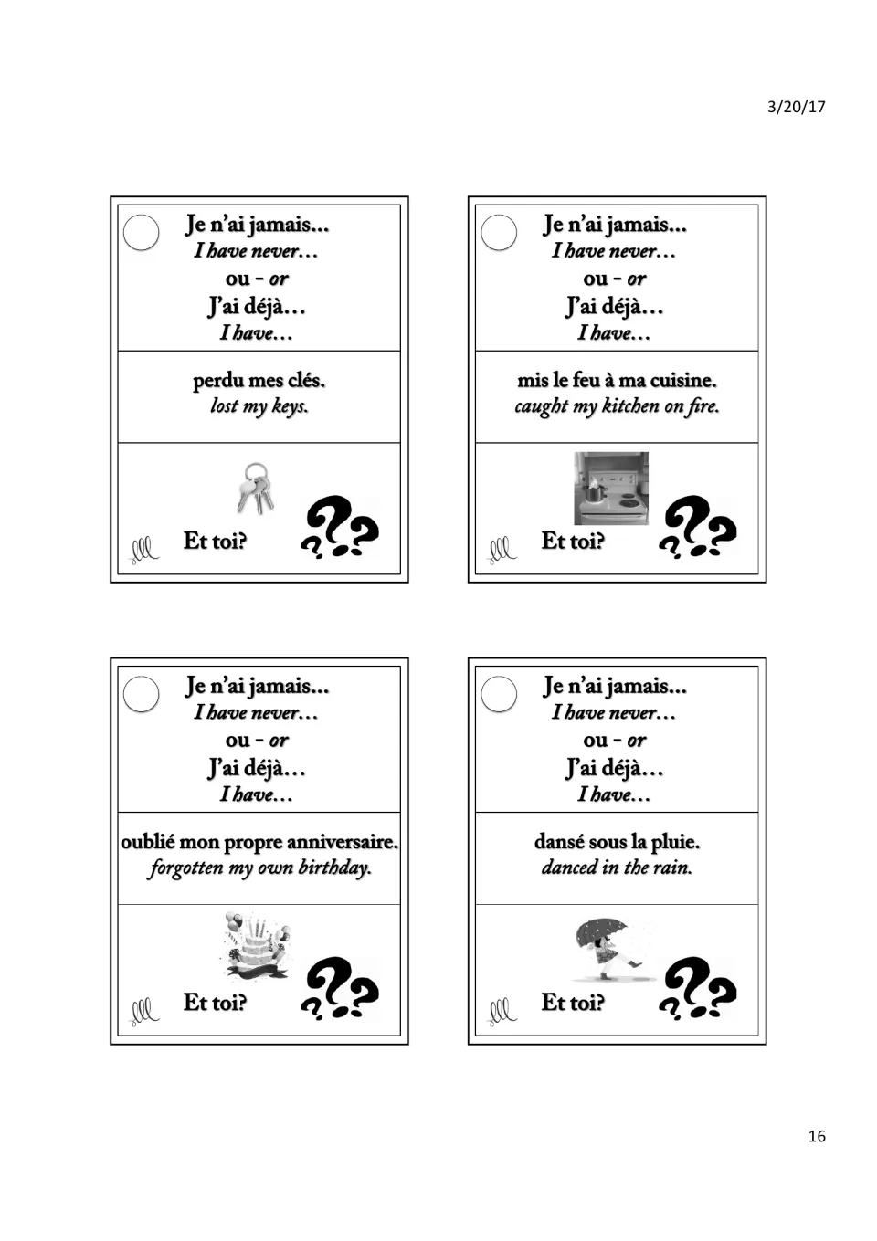 Life event cards: students say if they've lost their keys, set a kitchen on fire, forgotten a birthday or danced in the rain